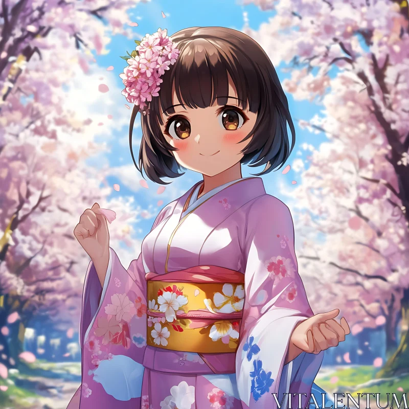 Anime Girl in Spring Kimono with Cherry Blossoms AI Image