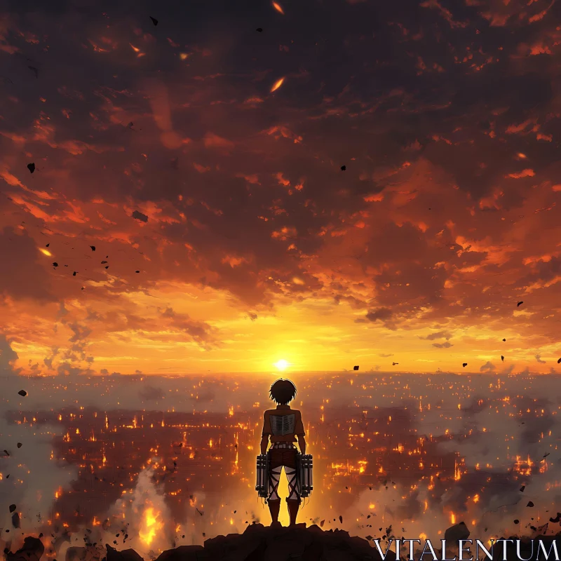 Warrior's Sunset Over a Burning City AI Image