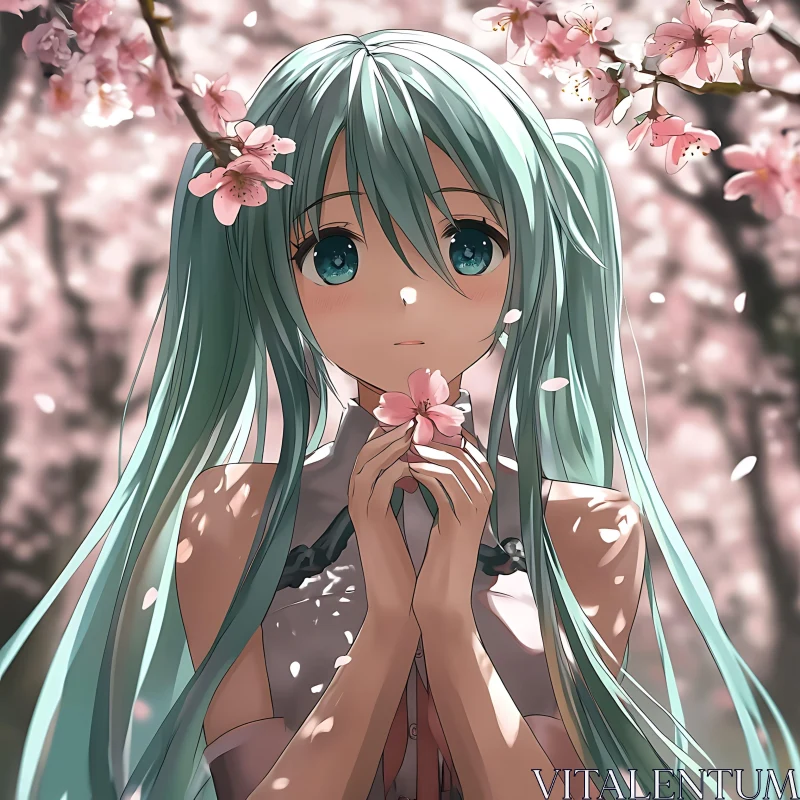 Peaceful Springtime Anime Girl with Blue Hair AI Image