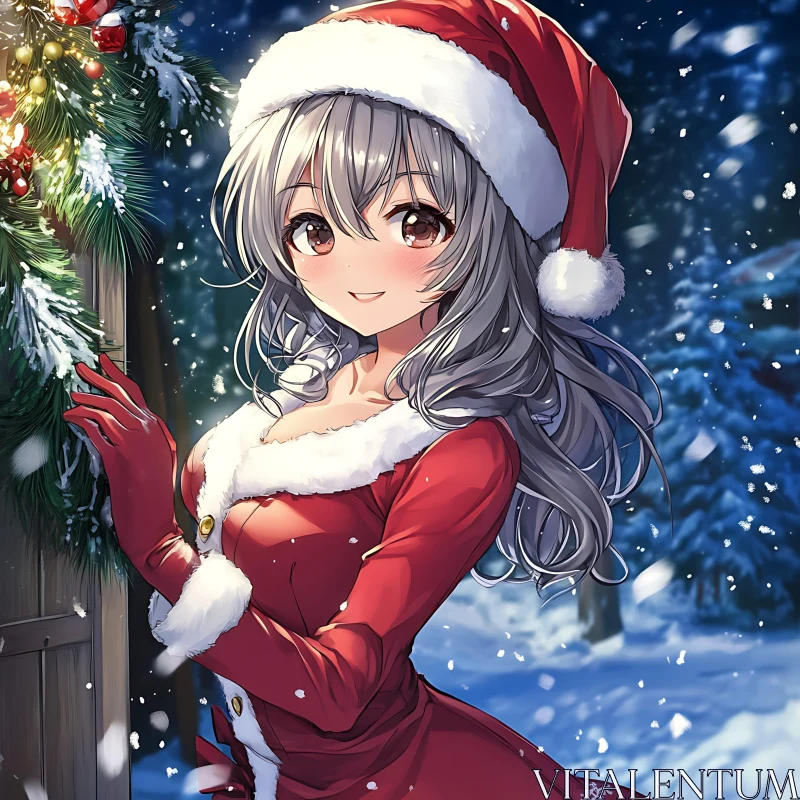 Festive Anime Girl in Santa Costume Amidst Snowy Christmas Scene AI Image