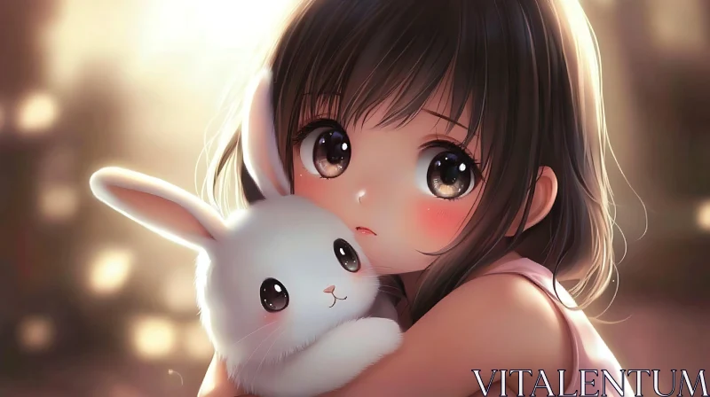 Anime Girl Hugging Plush Bunny AI Image