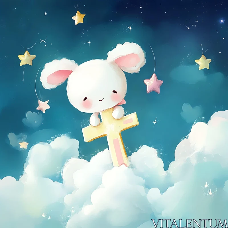 Cute Rabbit Holding Cross Among Stars AI Image