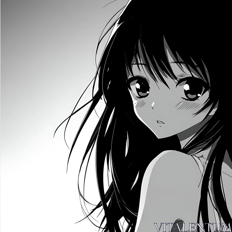 Contemplative Anime Girl in Monochrome AI Image