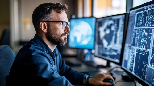 Man Analyzing Data on Multiple Screens