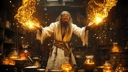 Mystical Wizard Casting Spell with Fire