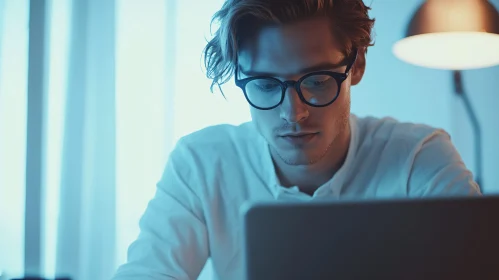 Man with Glasses Using Laptop