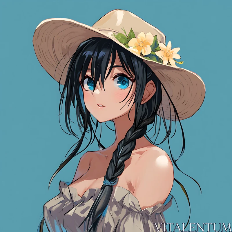 Serene Anime Girl with Blue Eyes and Summer Hat AI Image