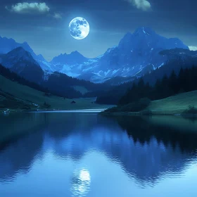 Tranquil Mountain Lake Under Moonlight