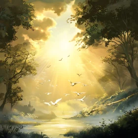 Serene River Scene with Sunlight and Birds