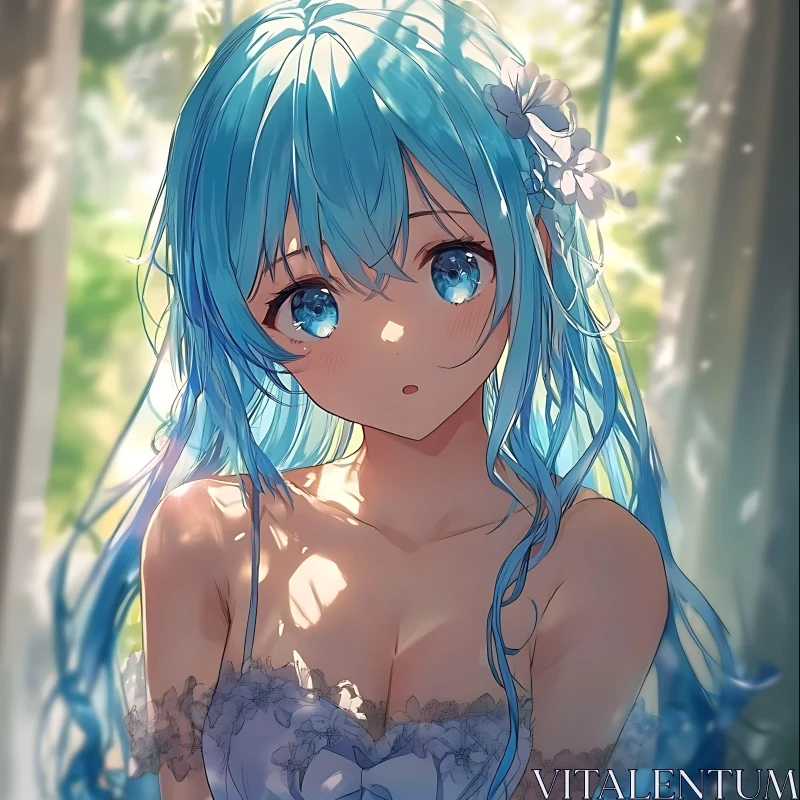 Blue-Haired Anime Maiden in Nature AI Image