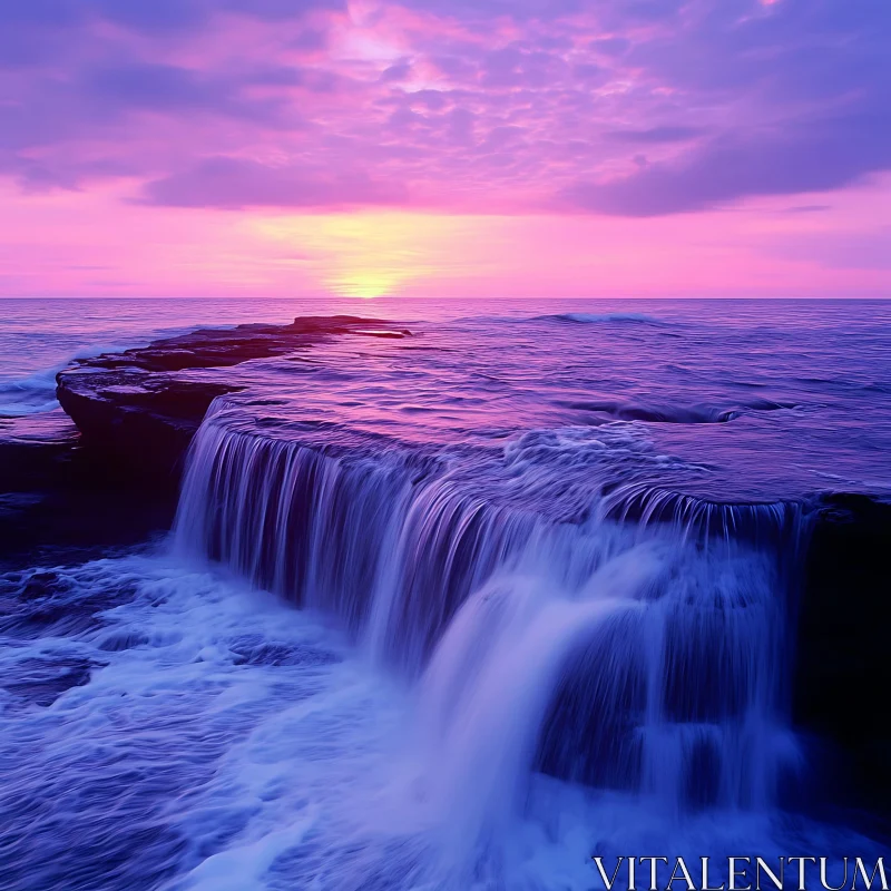 Ocean Waterfall at Sunset AI Image