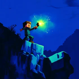 Pixelated Adventurer with Torch on Cliff