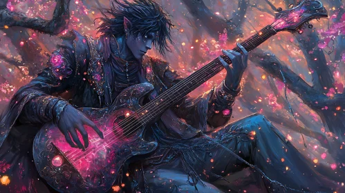 Mystical Elf Guitarist in Blooming Ambiance