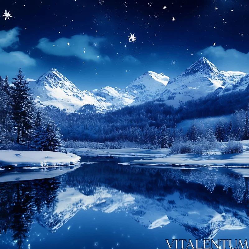 Snowy Peaks Reflected in Night Lake AI Image