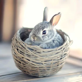 Grey Bunny Portrait in a Basket
