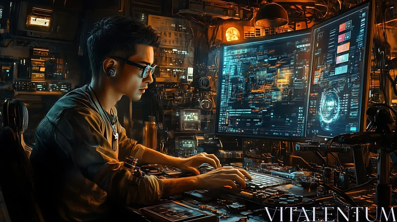 Focused Programmer in Cyberpunk Environment AI Image