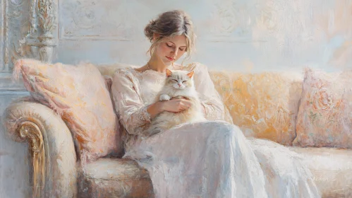 Serene Woman Holding Cat in Elegant Living Room