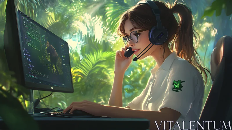 Tropical Office: Woman at Computer AI Image