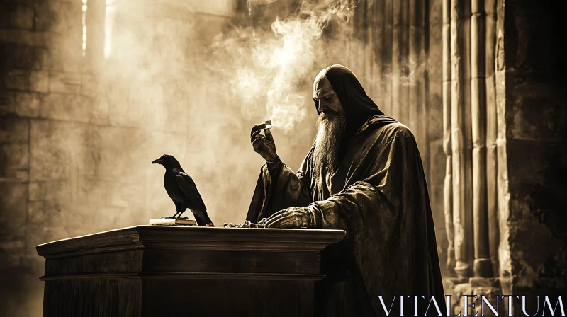 Hooded Figure with Raven and Smoke AI Image