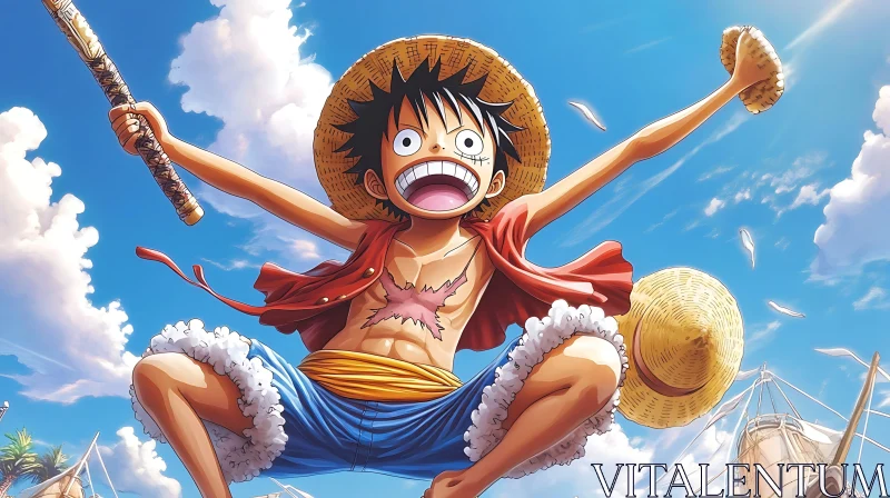 AI ART Joyful Anime Figure Against Blue Sky with Straw Hat