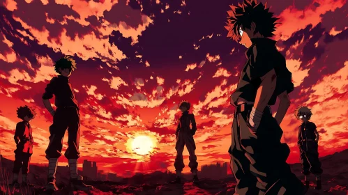 Introspective Anime Characters Against a Fiery Sky