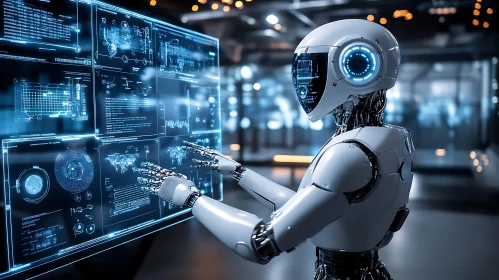 AI Robot Interacting with Data Screen