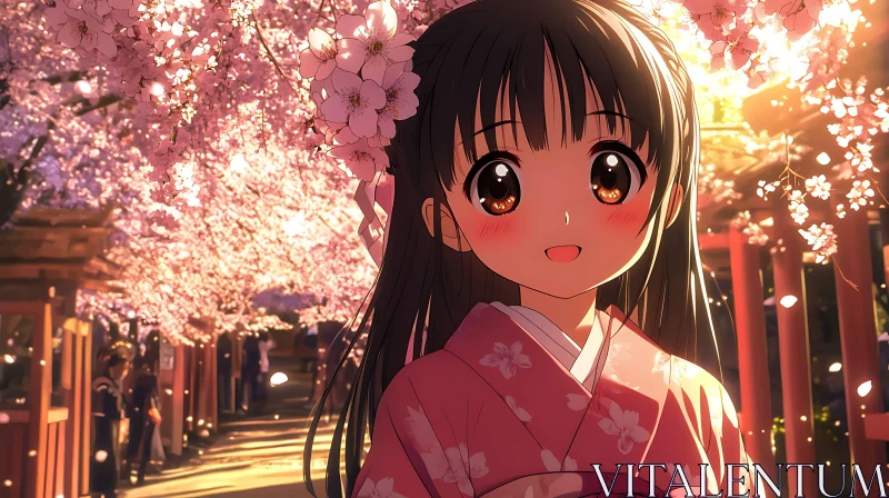 Cherry Blossom Tunnel with Anime Girl AI Image