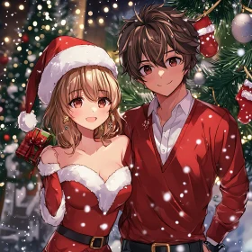 Festive Anime Couple in Holiday Attire