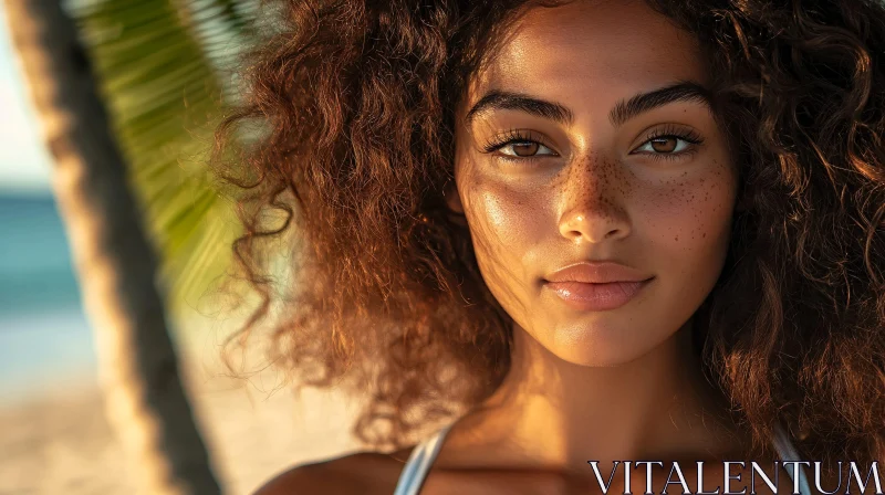 Beachside Glow: Woman with Curly Hair and Freckles AI Image