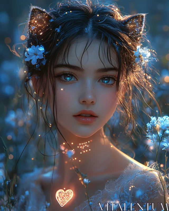 AI ART Mystical Woman with Glowing Cat Ears and Blue Flowers