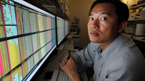 Man Analyzing Data on Computer Screen