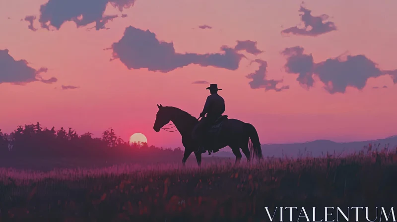 AI ART Cowboy and Horse Silhouette Against Sunset Sky