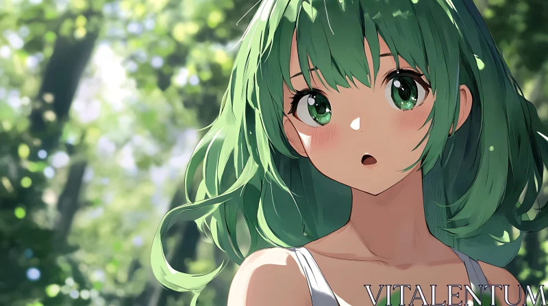 Green-Haired Anime Character in Nature AI Image