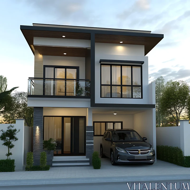 Contemporary Two-Story Home with Garage and Balcony AI Image