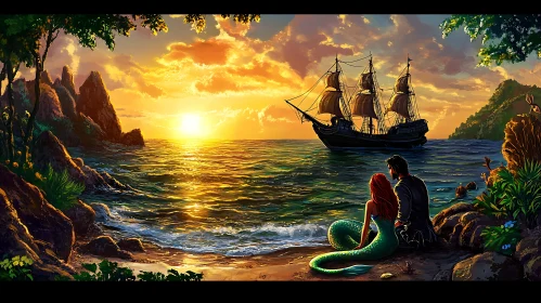 Coastal Sunset with Mermaid and Ship