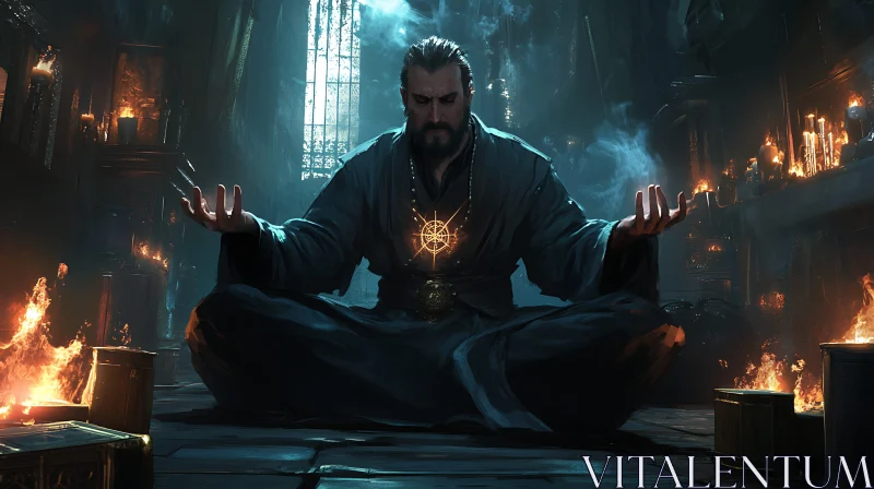 Candlelit Wizard in Deep Meditation AI Image