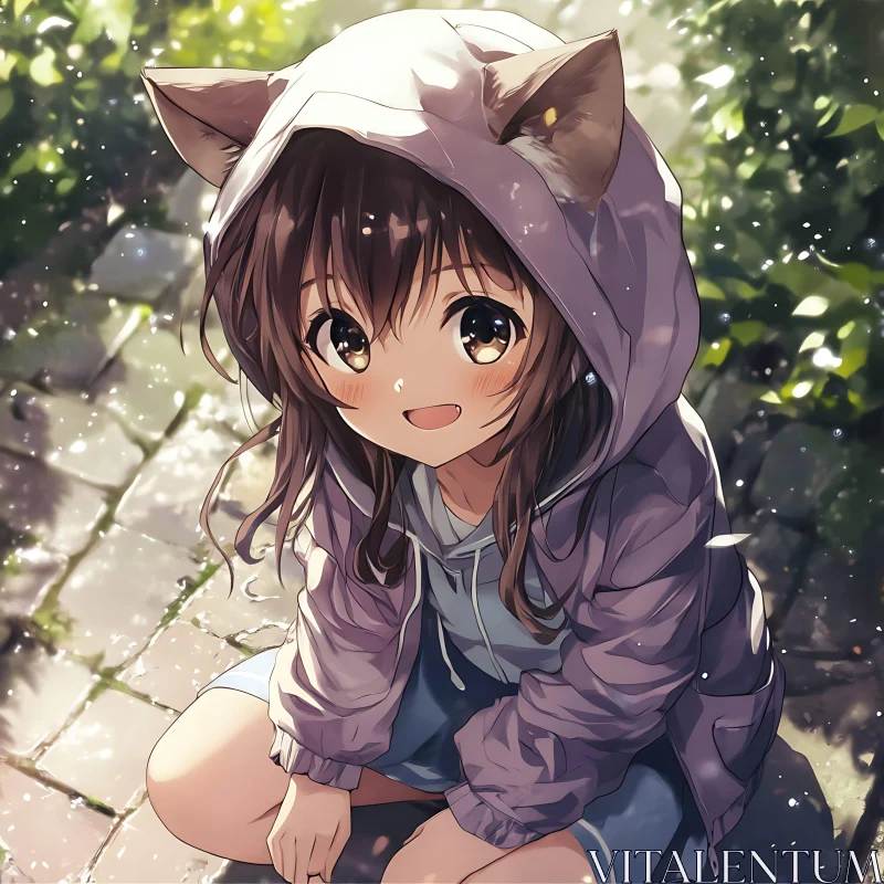 Cute Anime Girl with Hoodie and Cat Ears AI Image