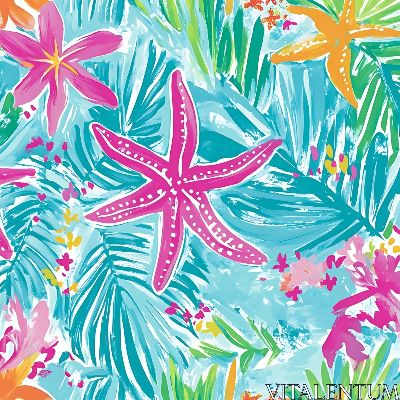 Bright Tropical Floral Starfish Artwork AI Image