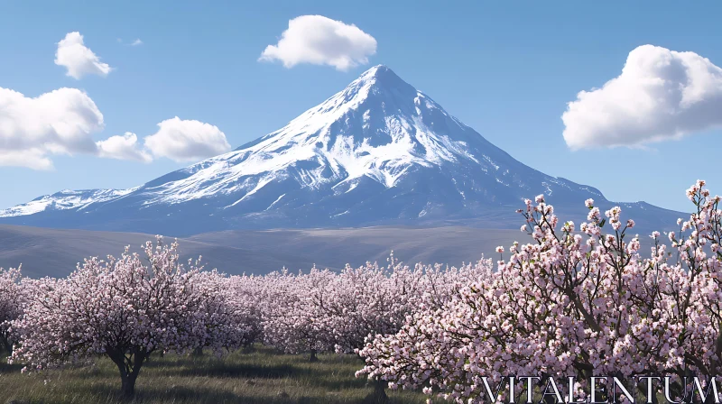 Snowy Peak and Pink Blossoms AI Image