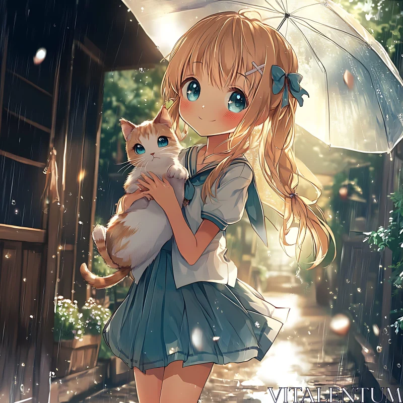 AI ART Anime Girl with Cat under Umbrella