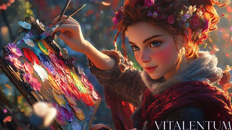 Woman Painting with Flowers in Hair AI Image