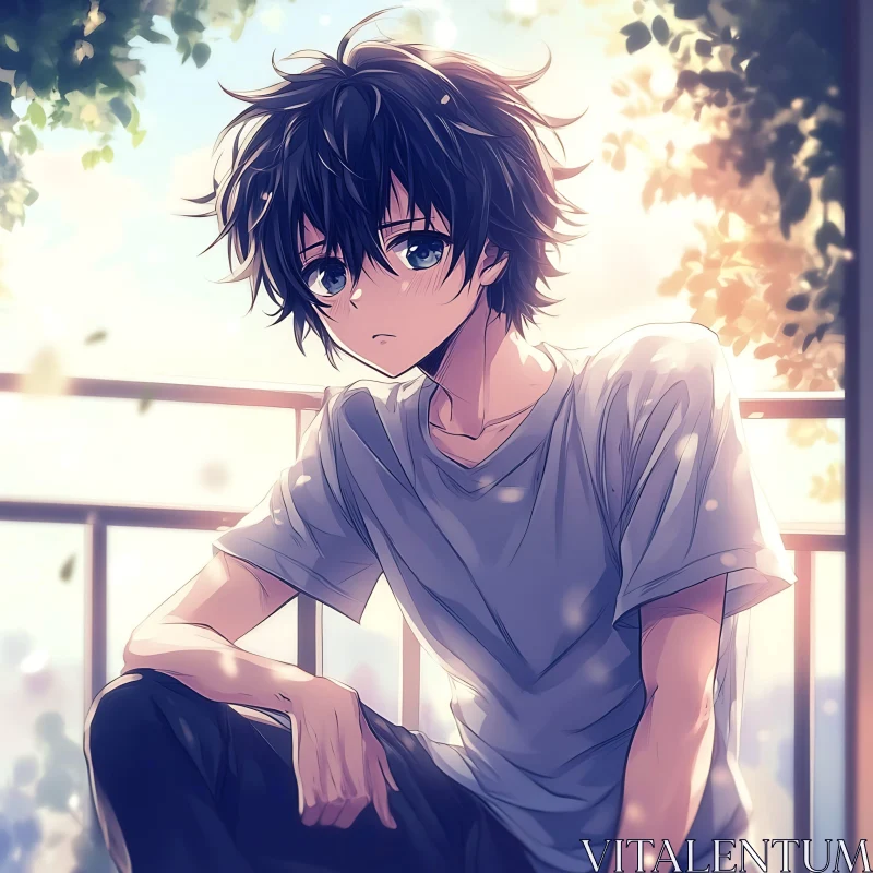 Thoughtful Anime Boy on Balcony AI Image