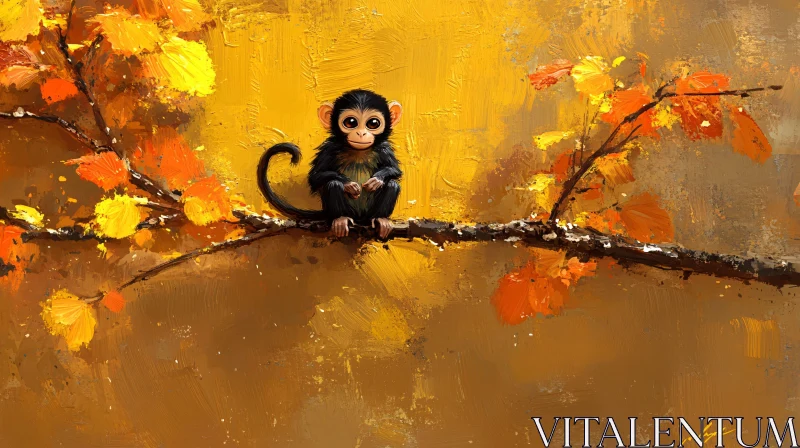 Playful Monkey on Autumn Branch AI Image