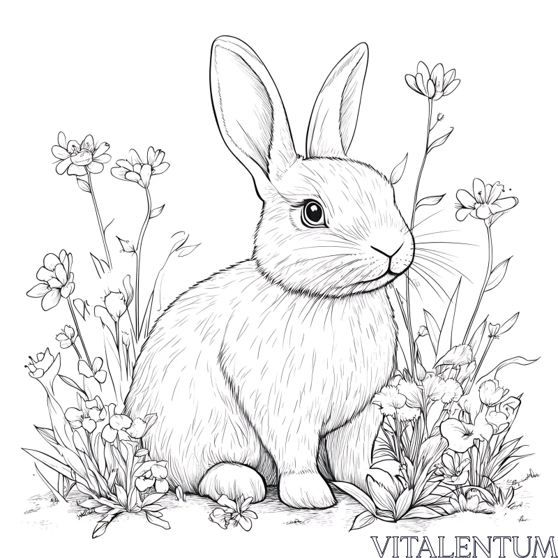 Monochrome Rabbit in Floral Setting AI Image