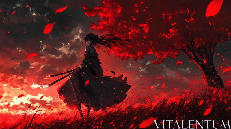 Silhouette of Samurai in Red Leaf Field AI Image