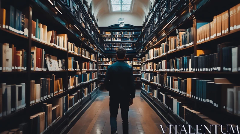 Library Aisle with Books and Person AI Image