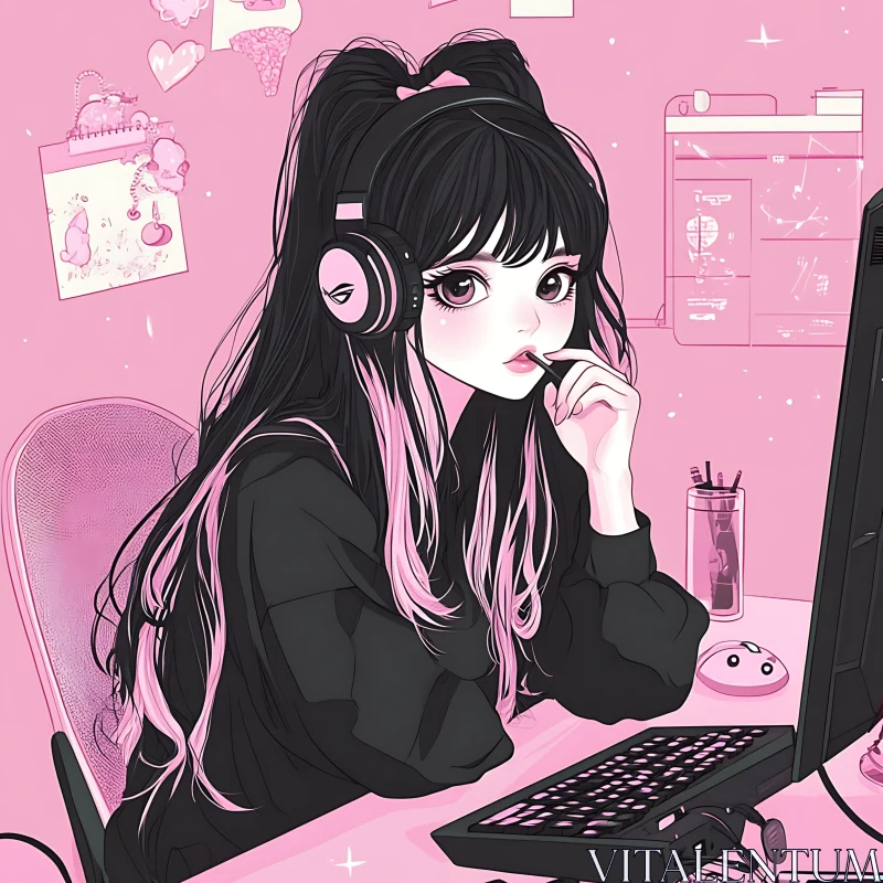 Anime Girl at Computer Desk AI Image