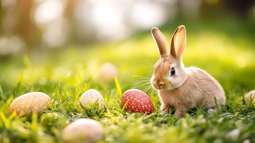 Rabbit and Painted Eggs on Grass