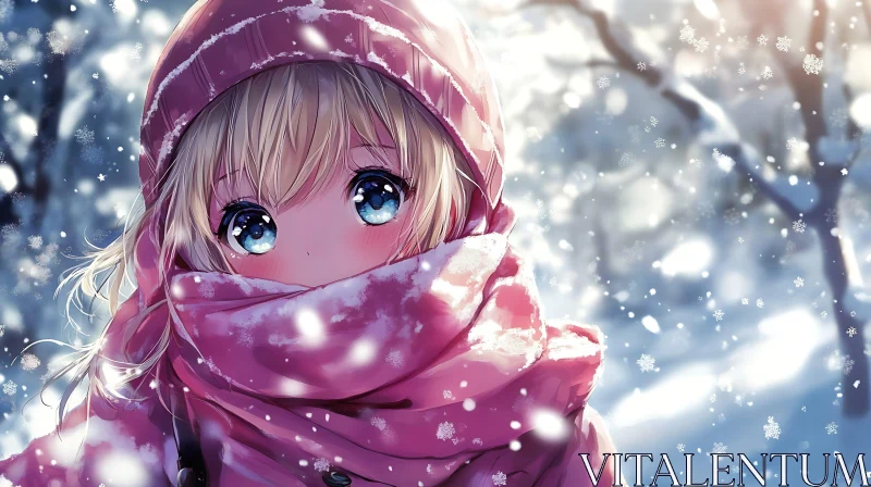 AI ART Winter Anime Girl with Pink Scarf in Snowy Forest