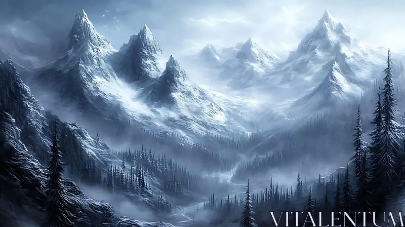 AI ART Misty Peaks and Snowy Forests